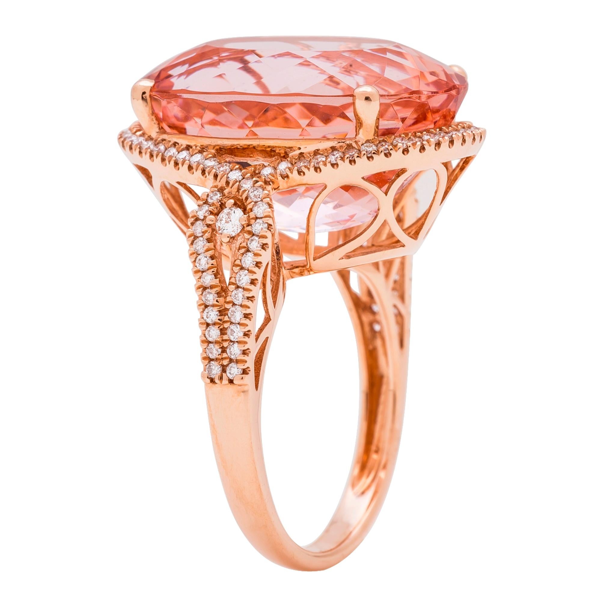 Decorate yourself in elegance with this Ring is crafted from 14-karat Rose Gold by Gin & Grace. This Ring is made up of 16x21 mm Oval-Cut (1 pcs) 22.55 carat Morganite and Round-cut White Diamond (104 Pcs) 0.42 Carat. This Ring is weight 6.05 grams.