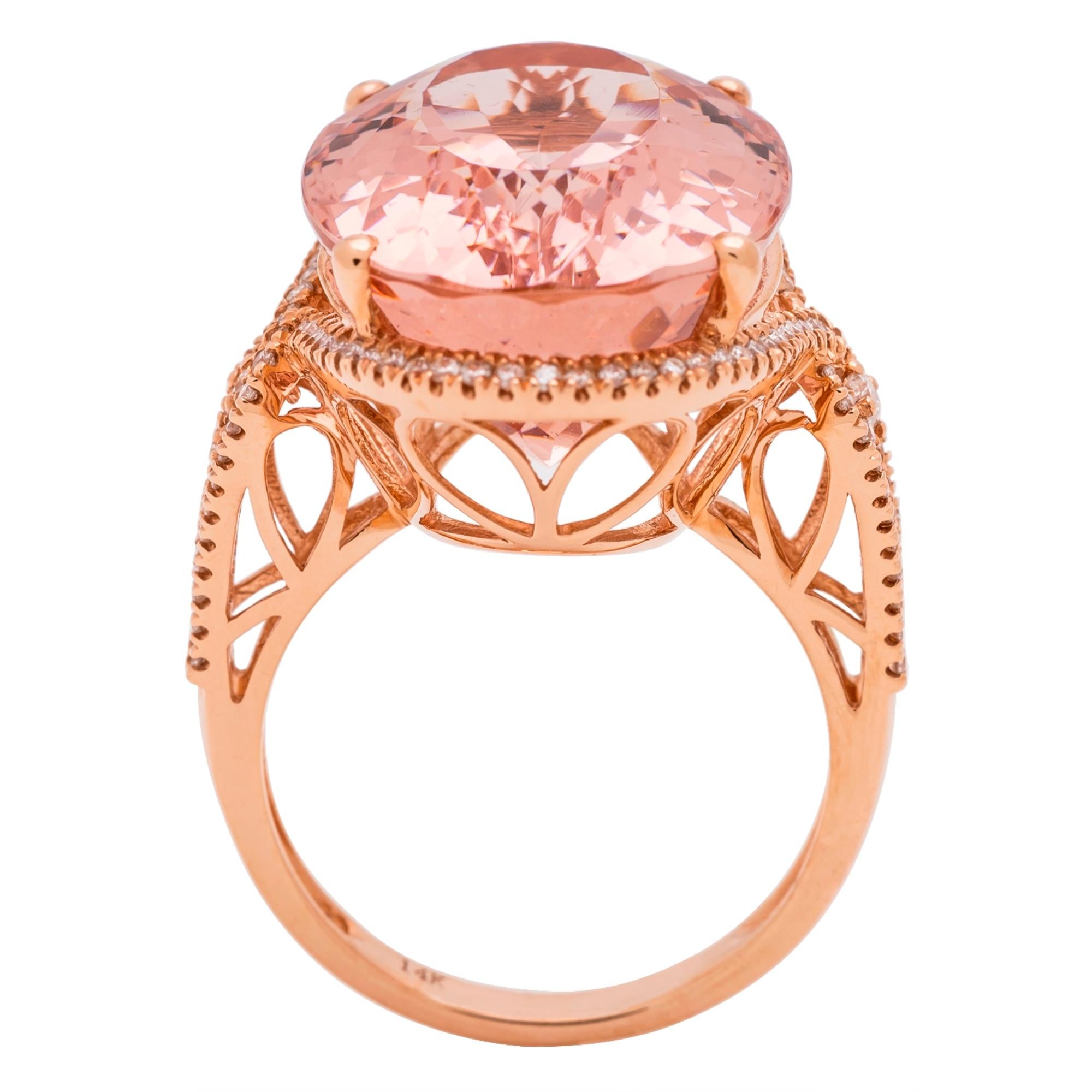 Art Deco 22.55 Carat Oval-Cut Morganite Diamond Accents 14K Rose Gold Ring For Sale