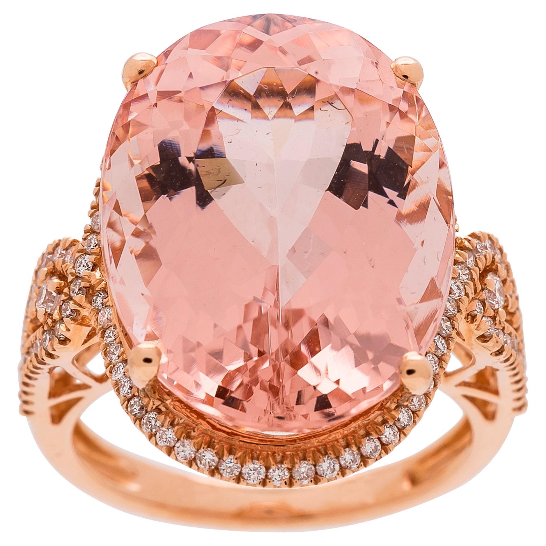 22.55 Carat Oval-Cut Morganite Diamond Accents 14K Rose Gold Ring For Sale