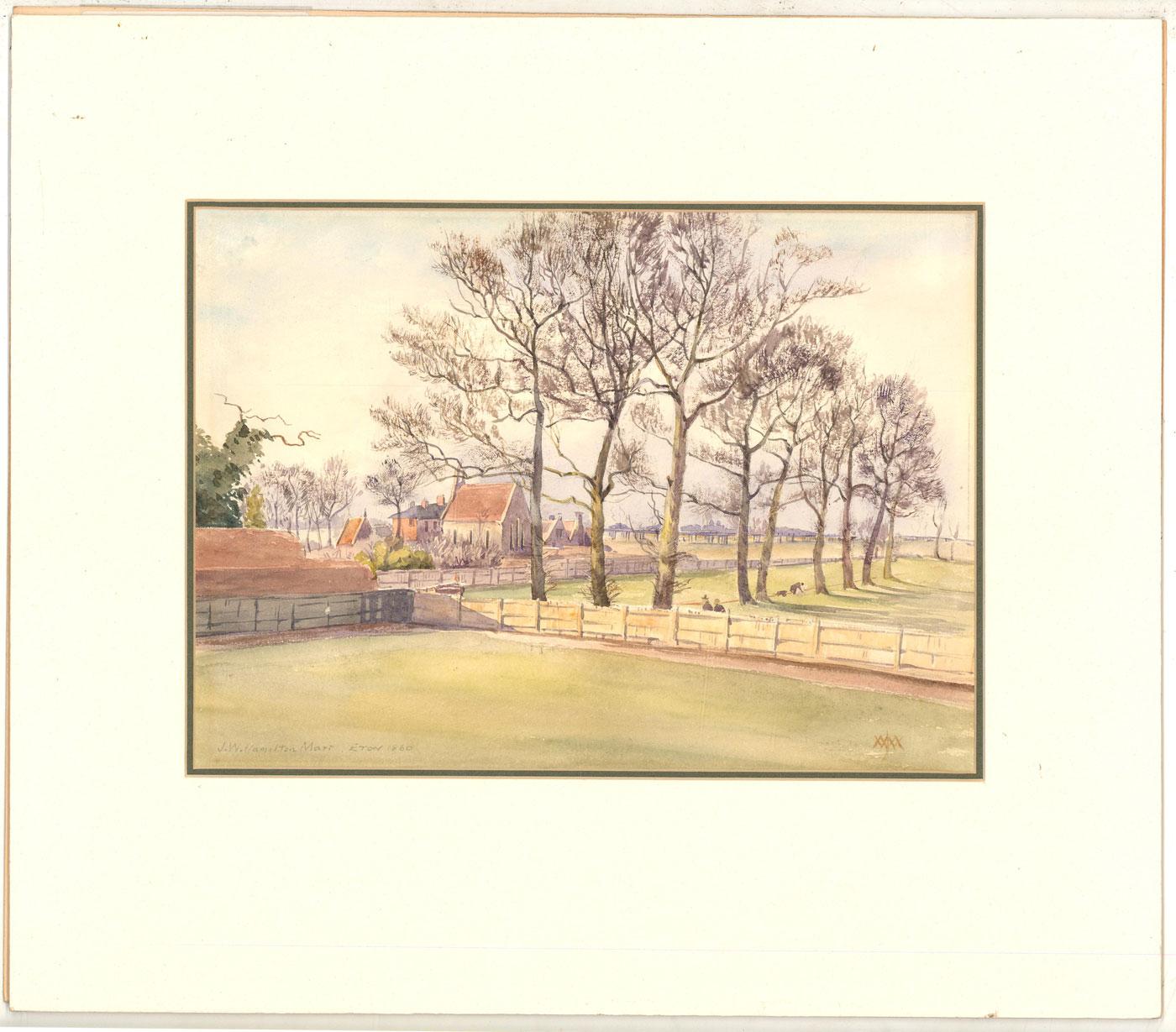 A fine view of Eton by the British artist J.W. Hamilton Marr. Although dated 1860 to the lower left, we think it more likely that the study was copied from an early photograph on Eton. Excellently presented in a double card mount. On watercolour