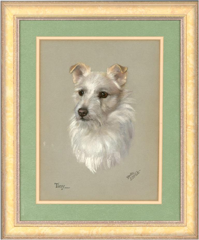 A fine portrait of a terrier presented in a double card mount and gilt frame. Signed by London artist Dorothy S. Hallett who is RA exhibited. Signed. On wove.