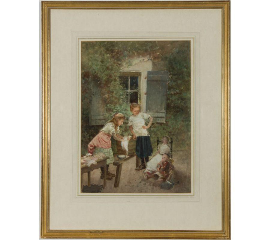 Fine Continental School 19th Century Watercolour - Children with Their Dolls