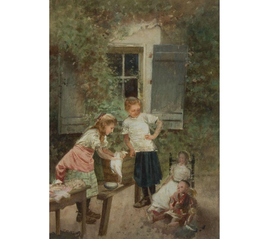 Fine Continental School 19th Century Watercolour - Children with Their Dolls - Art by Unknown