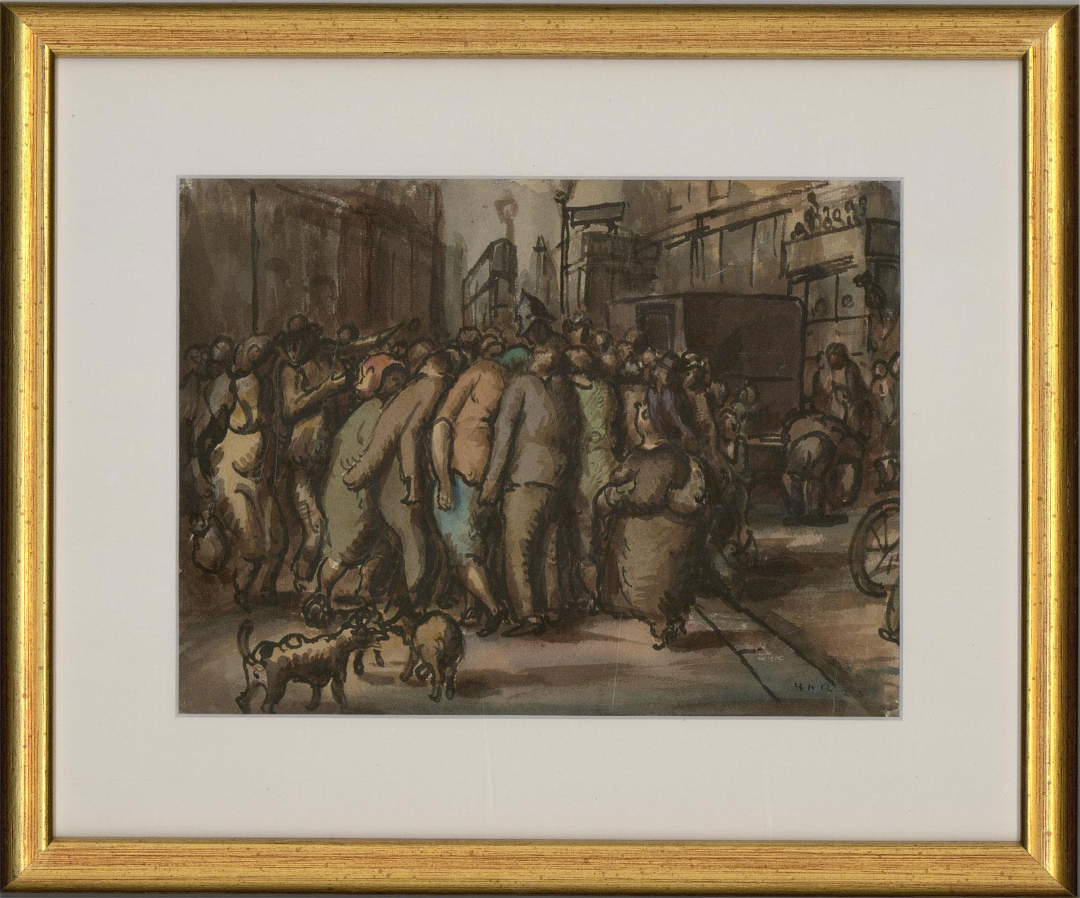 An excellent narrative watercolour in the typical style of Harold Hope Read, with details in heavy black Indian ink. Depicting a tightly packed crown in the middle of a city street, with a policeman crowded into the centre of the mob. In his