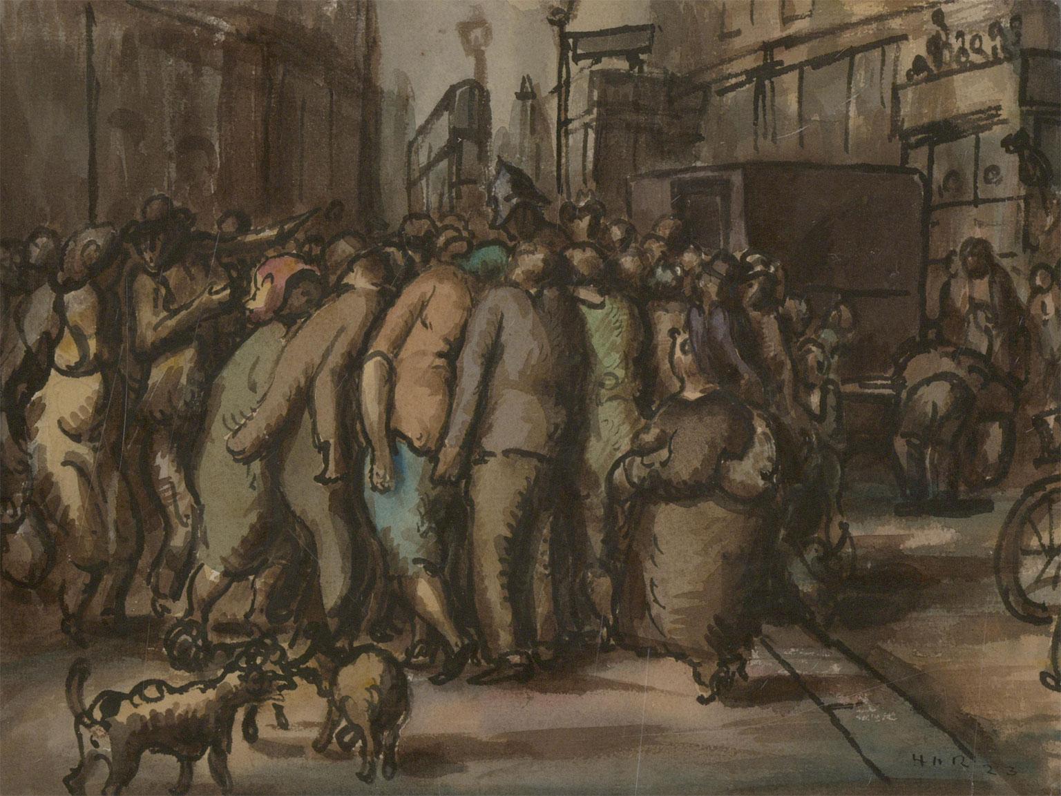 Harold Hope Read (1881-1959) - Signed & Framed 1923 Watercolour, Crowd in Street For Sale 1