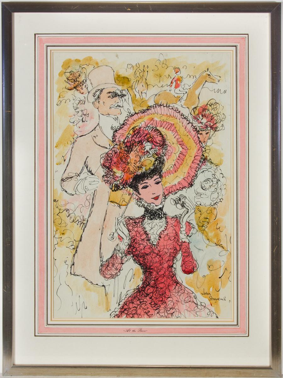 A wonderful illustrative study by the British artist John Strevens. Depicting an Edwardian couple enjoying a day at the races. With waterclour wash. Well presented in a washline mount and silver frame. Signed. On wove.
