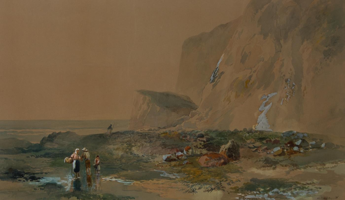A very fine and substantial watercolour with body color by the listed artist James Vivien de Fleury (1847-1902), entitled 'Whitecliff Bay, Isle of Wight' off the South coast of England. A group of figures are shown collecting oysters or clams on the