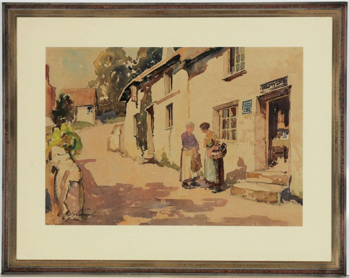 Unknown Figurative Art - Fine Framed 20th Century Watercolour - Ladies Outside a Cottage