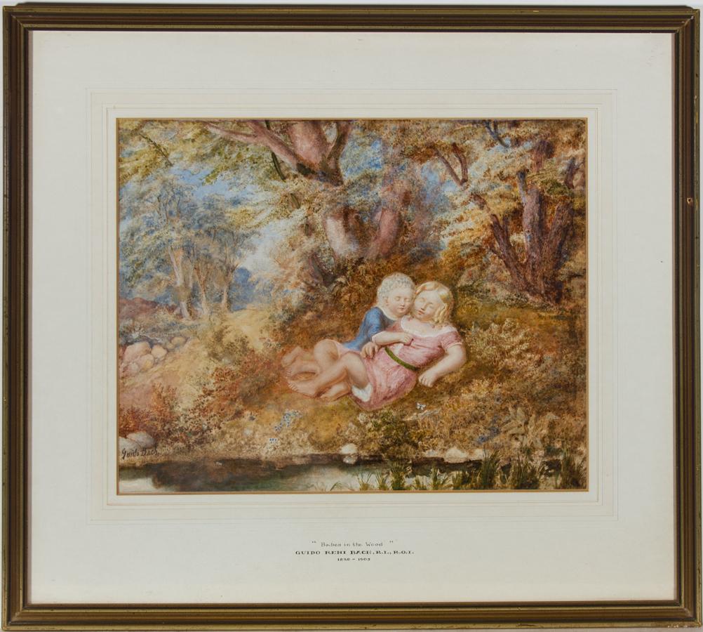A delightful illustration by the Italian artist Guido Reni Bach (1826-1905). The scene depicted is that of the 16th century fairytale 'Babes in the Wood'. Two small children have been lost in the wood, and seek shelter in a pile of leaves. The
