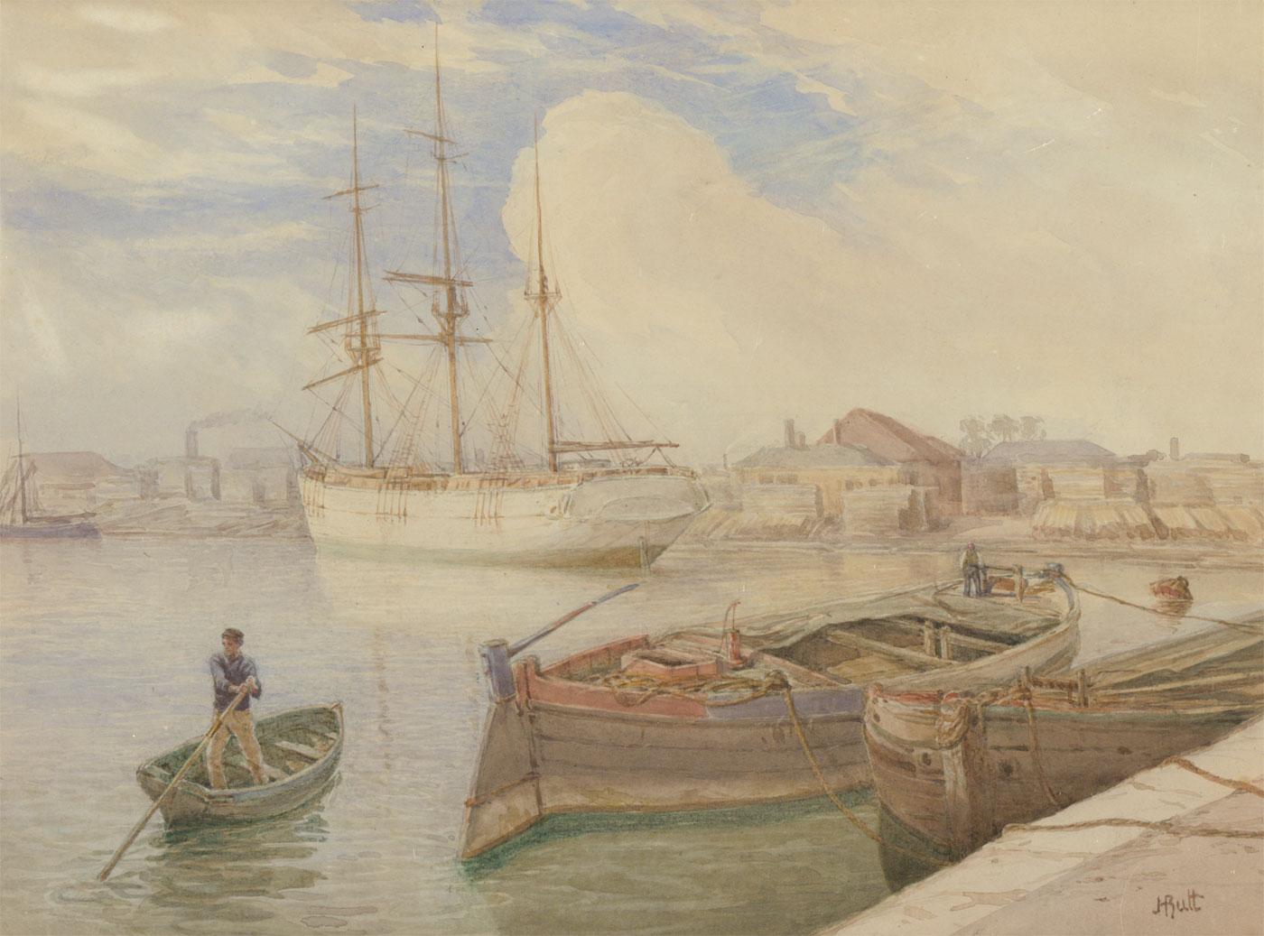 J.H. Butt - Signed and Framed 19th Century Watercolour, Dock Scene For Sale 1