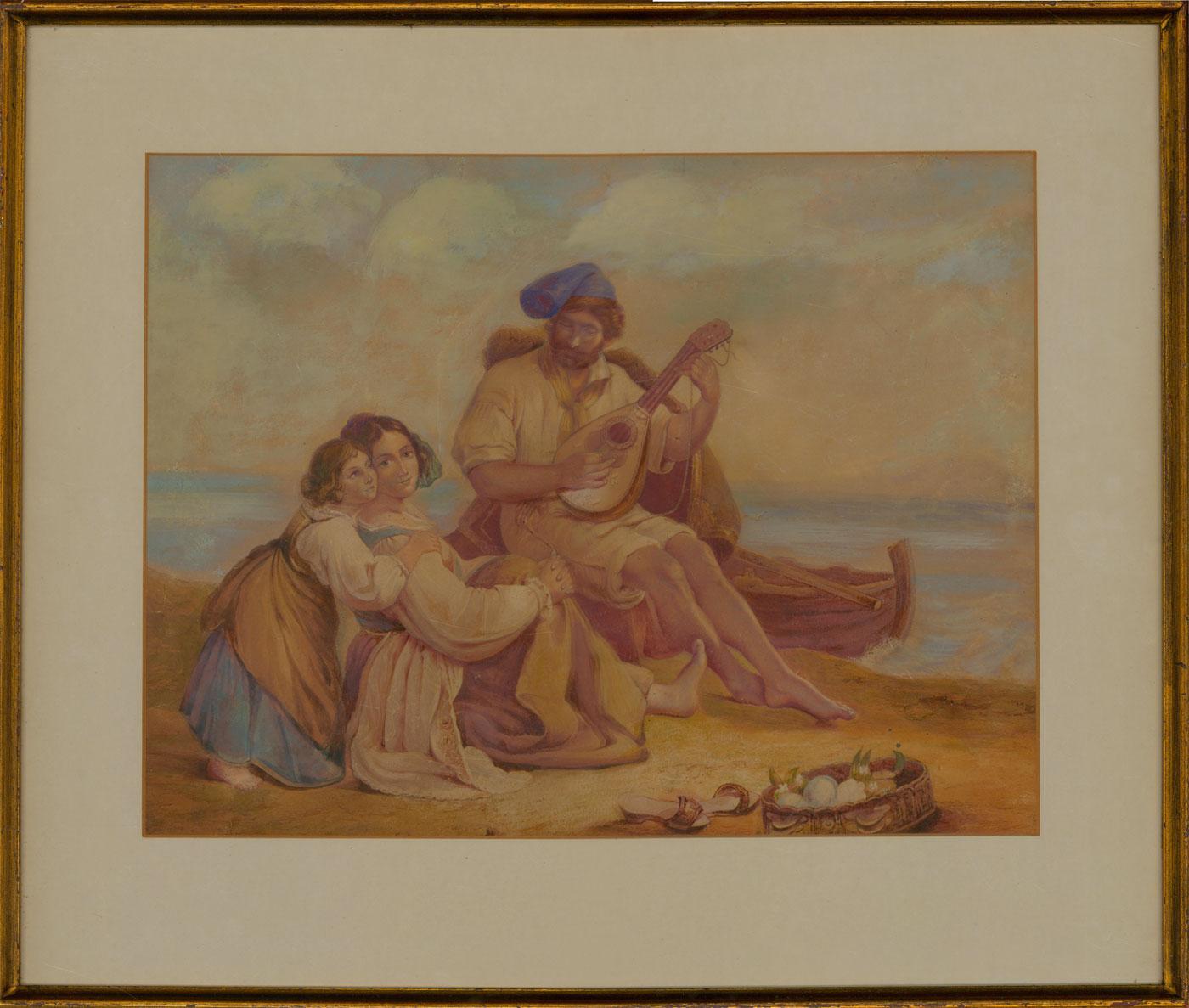 A delicate finely painted 19th Century watercolour, depicting a family group on a beach, with folk instrument. The composition has been carefully curated to produce this wonderful image with animated form and finely drawn physical features.