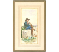 Antique Eduard Vitali - Signed and Framed 19th Century Watercolour, Boy with a Flute