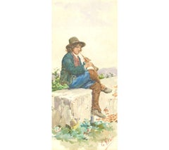 Eduard Vitali – signiertes und gerahmtes Aquarell des 19. Jahrhunderts, Junge mit Flöte
