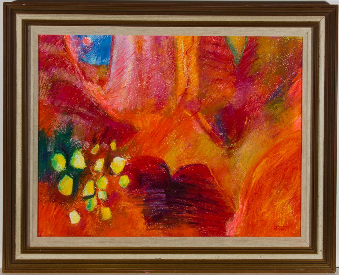 A fine and expressive pastel painting by the artist John Ivor Stewart, depicting an abstract composition in red tones. The vibrant colour palette and technique beautifully highlight the artist's proficiency in the medium. Label with additional