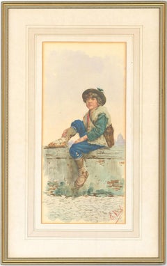 Eduard Vitali - Signed and Framed 19th Century Watercolour, Boy Sat on a Wall