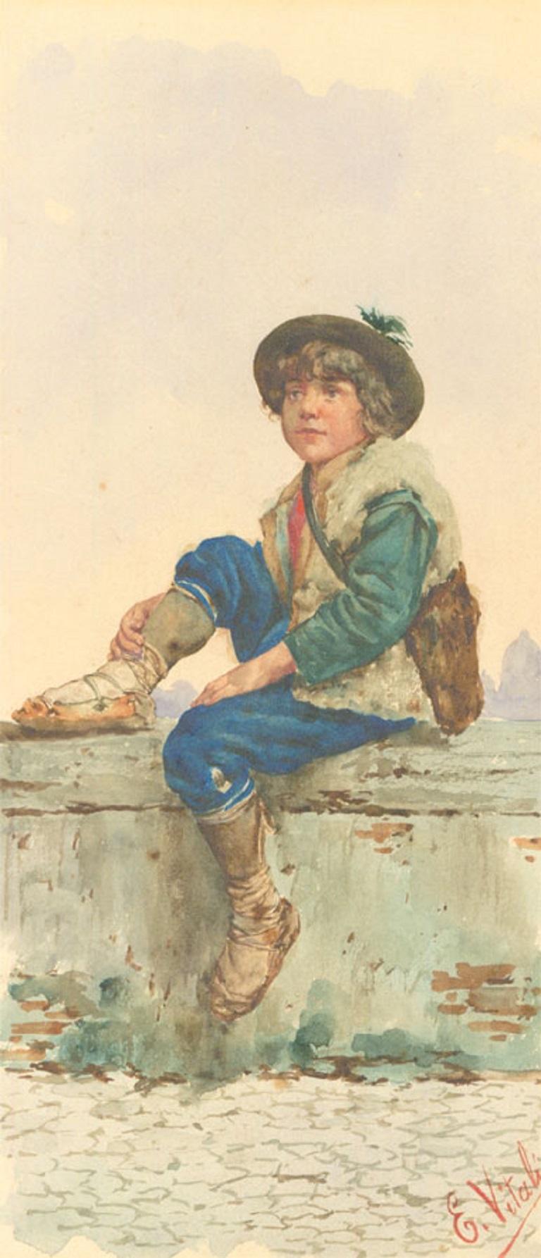 Eduard Vitali - Signed and Framed 19th Century Watercolour, Boy Sat on a Wall For Sale 1