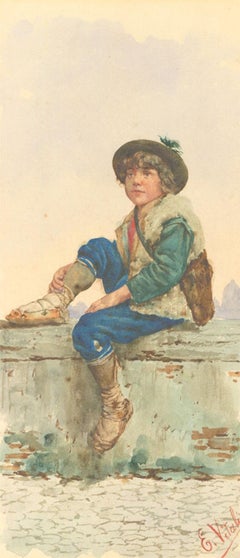 Eduard Vitali - Signed and Framed 19th Century Watercolour, Boy Sat on a Wall