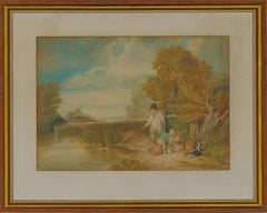 Antique Framed 19th Century Watercolour - Tranquil Fishing in the Countryside