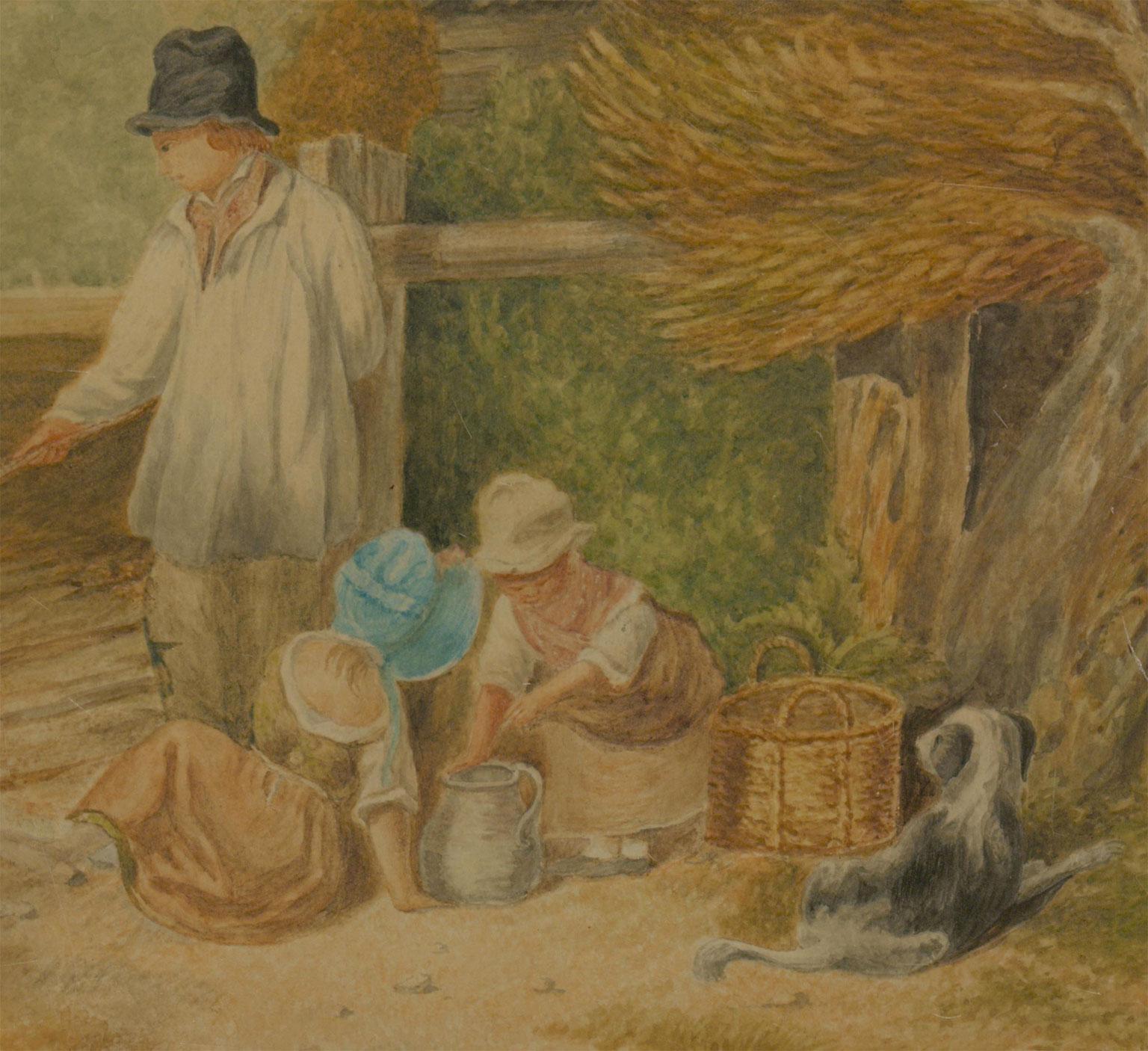 A delicate and finely painted 19th Century study of a boy fishing in the countryside with two young girls and a dog. The watercolour painting is highlighted with gouache and contains intricate brushstrokes and finer details. The expressive nature of