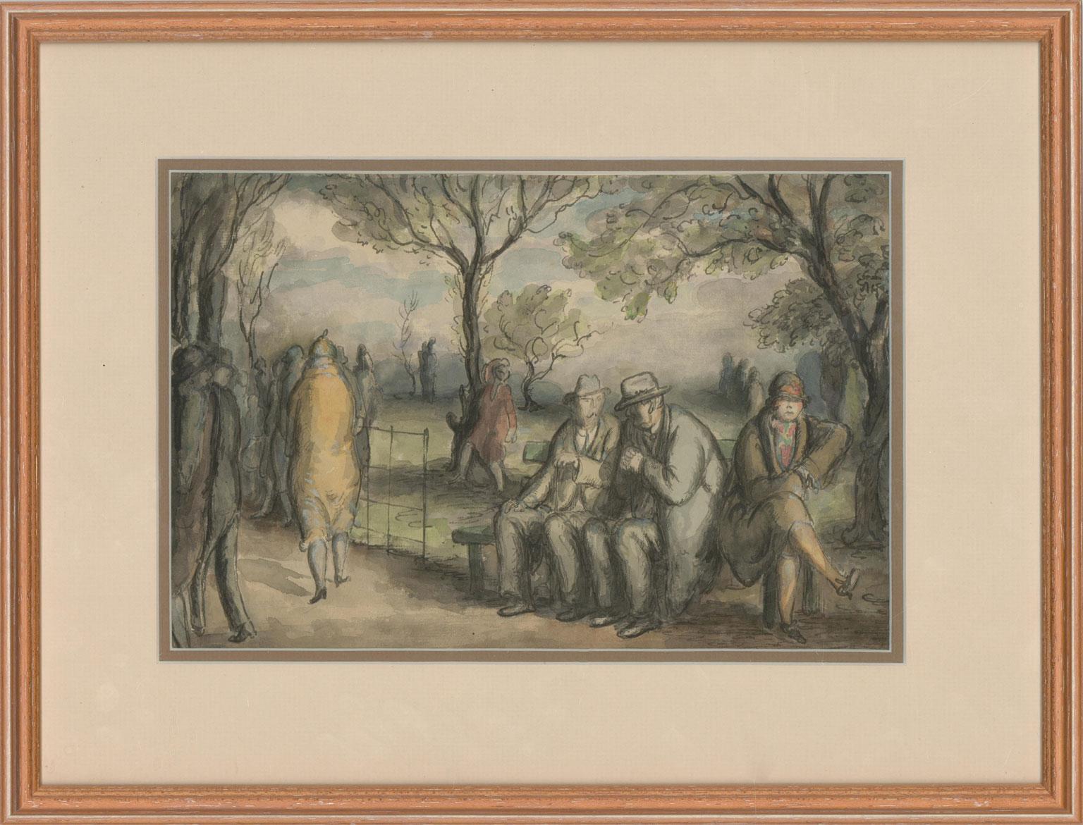 A characterful study of figures in an autumnal park, well presented in a card double mount and modern pale wood frame. Unsigned. On wove.