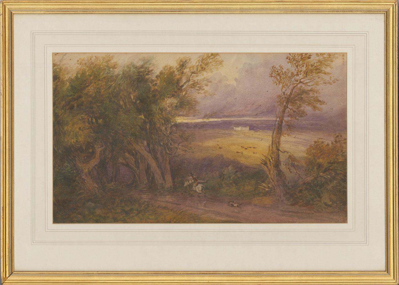 A finely composed landscape in watercolour by the listed artist David Cox Junior ARWS (1809-1885). Cox has depicted a rider charging through a rural lane towards a cavern of trees, with his faithful dog running behind.The proficiency of the artist
