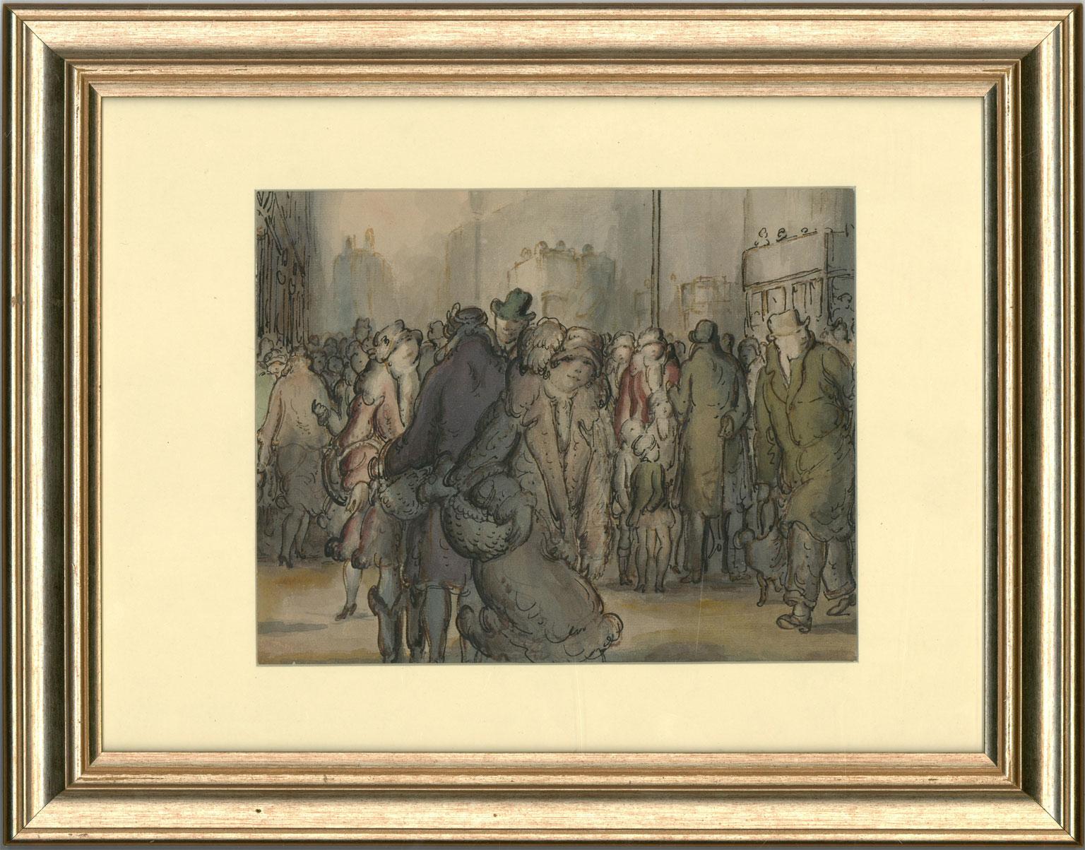 A stunning example of Harold Hope Read's oeuvre, drawn with ink and watercolour wash. Typical of the artist's subject matter, we are presented with a narrative composition of figures on a street going about their everyday lives, many dressed in the