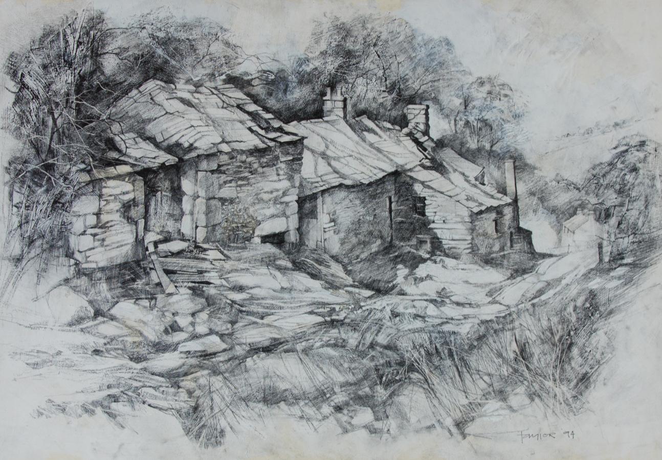 William (Bill) Taylor - Signed & Framed 1994 Graphite Drawing, Derelict Cottages - Art by William Bill Taylor