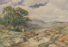 David Bates (1840-1921) – Schönes Aquarell, auf dem Machno River, Nordwales
