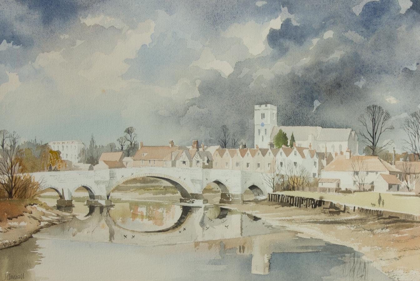 A charming 20th Century watercolour by the listed artist John Chisnall, depicting the tranquil river and architecture in Aylesford, Kent. The artist has balanced the composition with the delicate river in the foreground, the terraced houses