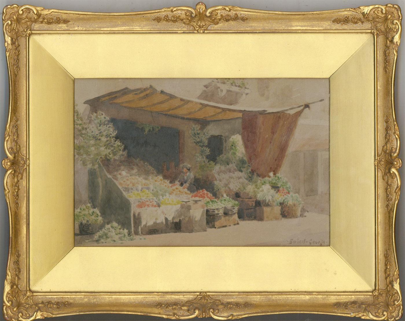 A charming watercolour study by British artist Herbert George (fl.1906-1939). The artist has pictured the vibrant tones and textures of the vegetable stall in his distinctive impressionistic style. Impressively presented in an ornate Rococo style