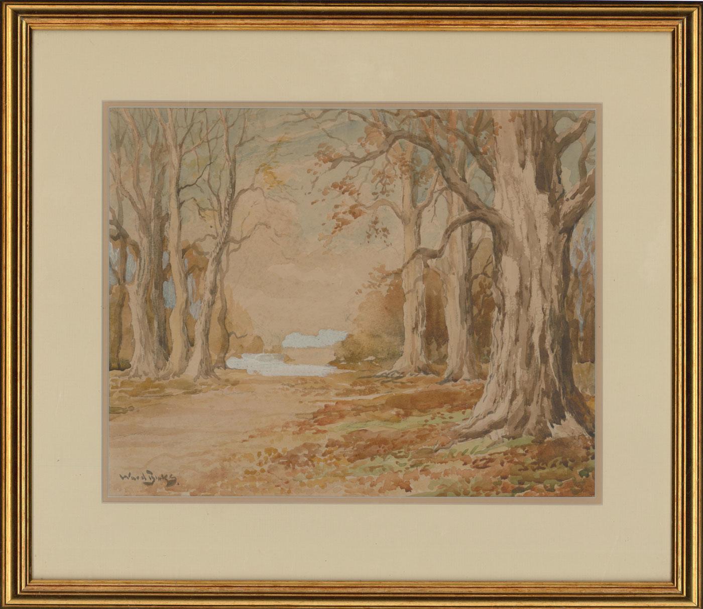 A delightful autumnal study with body colour. Excellently presented in a double card mount and gilt frame. Signed. On watercolour paper.
