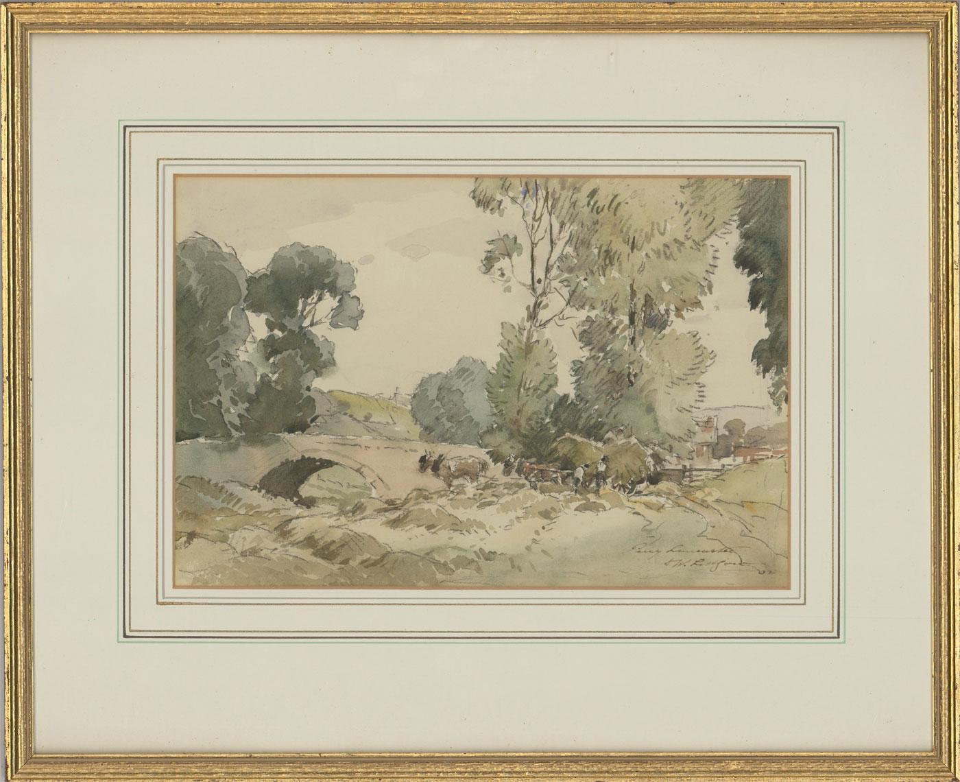 A fine example of a delicate landscape work in watercolour with charcoal detailing, by the listed British artist Percy Lancaster (1878-1951) RBA RI RIBA. This composition is typical of the artists style, depicting a rural landscape with livestock