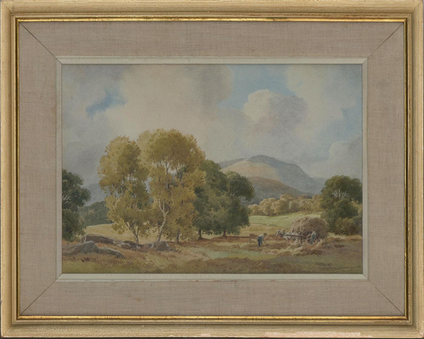 Ein schönes Beispiel für eine zarte Aquarelllandschaft des unter Denkmalschutz stehenden britischen Künstlers Percy Lancaster (1878-1951) RI RBA RIBA. Diese Komposition ist typisch für den Stil des Künstlers und zeigt eine ländliche Landschaft mit
