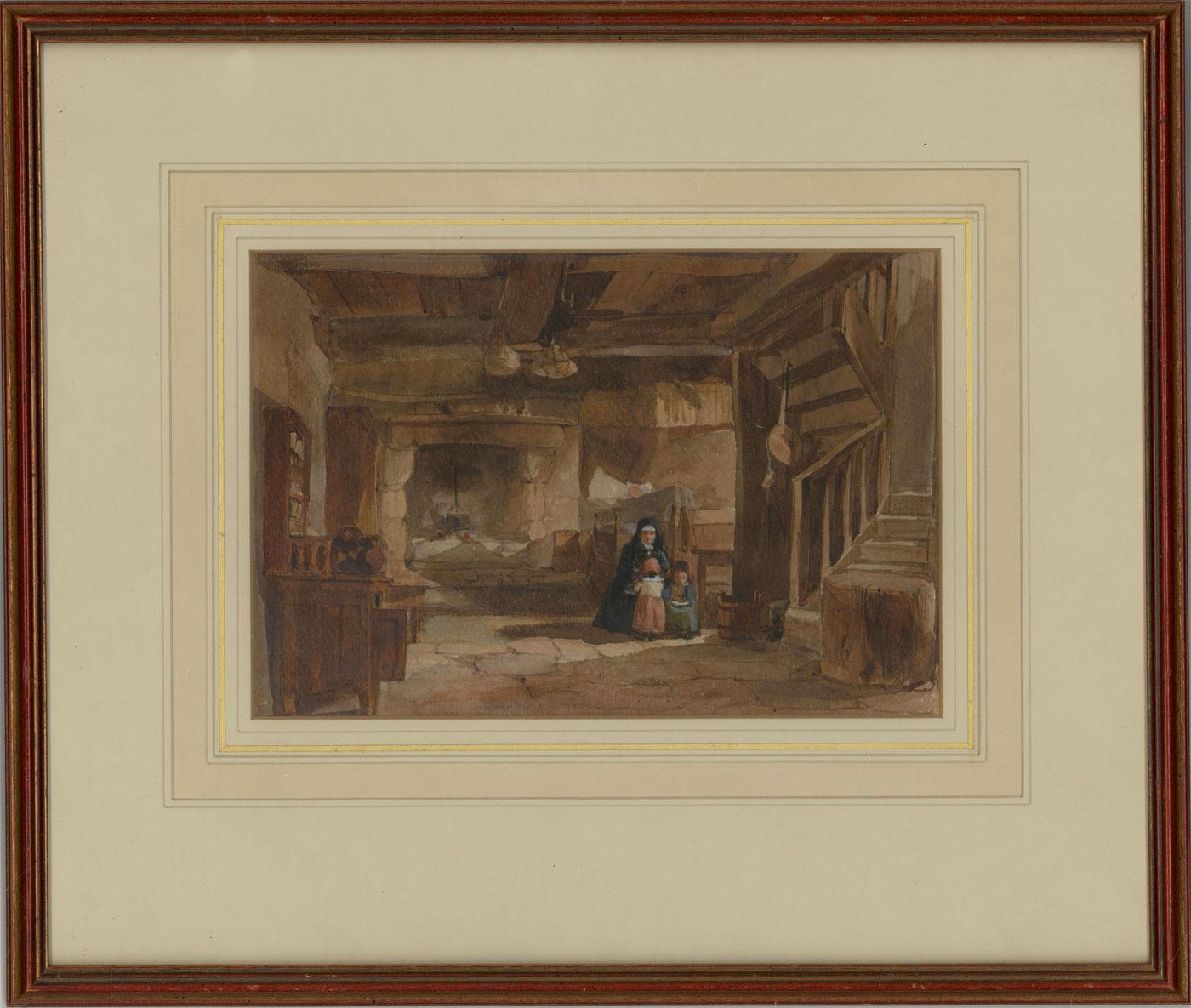 Interior Art Unknown - Edward Angelo Goodall RWS (1819-1908) - Aquarelle signée, intérieur de chalet