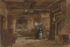 Edward Angelo Goodall RWS (1819-1908) - Acuarela firmada, Interior de casa de campo