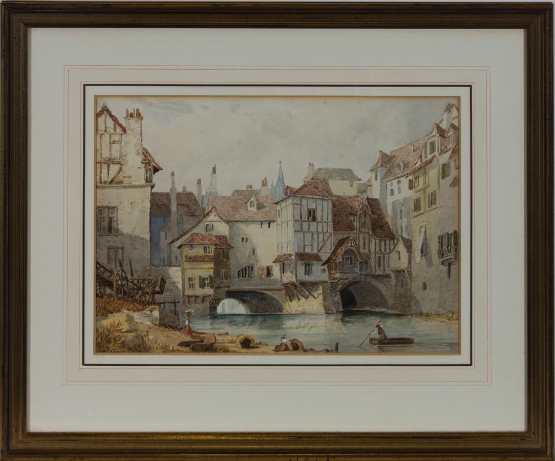 Unknown Landscape Art - Framed Late 19th Century Watercolour - Continental Town Scene