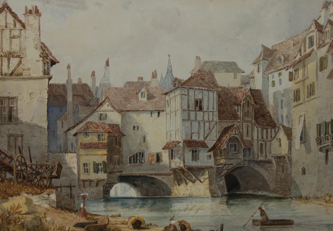 Gerahmtes Aquarell aus dem späten 19. Jahrhundert – kontinentale Stadtszene – Art von Unknown