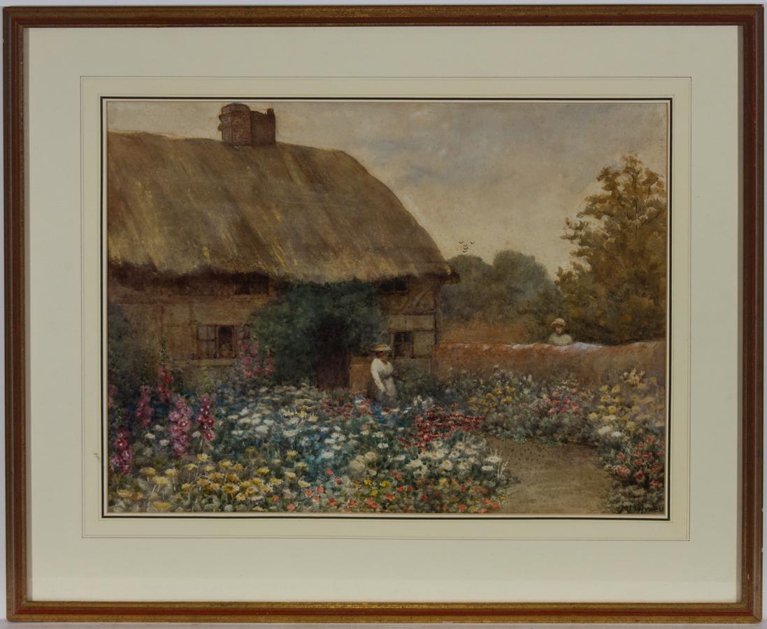 A fine and delicate 19th Century watercolour by the artist M. Molyneux, depicting a thatched cottage in the countryside. The artist has depicted a vibrant floral landscape with a figure tending to the beautiful selection of flowers in the garden.