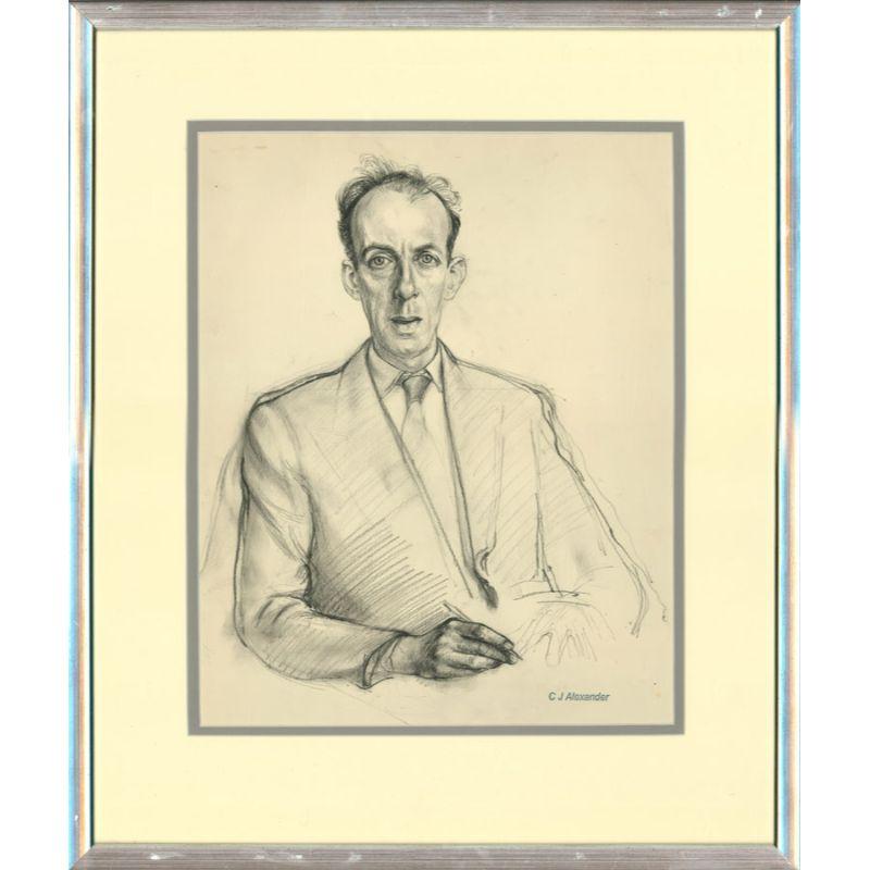 An exceptionally fine figurative portrait of a well dressed male with a pen, by the British artist Christopher Alexander ARE ARCA (1926-1982). Through a delicate treatment of light, and subtle shading, the artist has produced a detailed subject with