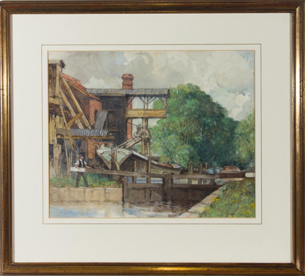A fine mid 20th century watercolour painting with gouache details by the listed artist Laurence H.F. Irving. Here, the artist has beautifully captured, with realism, a canal lock and a figure operating it. Well-presented in a washline card mount and