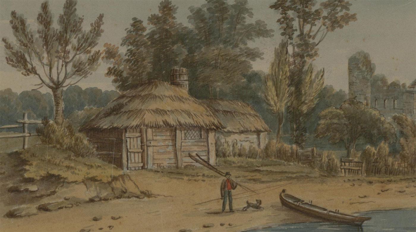 A lovely watercolour painting, depicting a landscape view with a thatched cottage, a male figure and a dog by a boat. There is a label to the reverse attributing this painting to Gideon Yates (act.1790-c.1837), as well as the location and date,