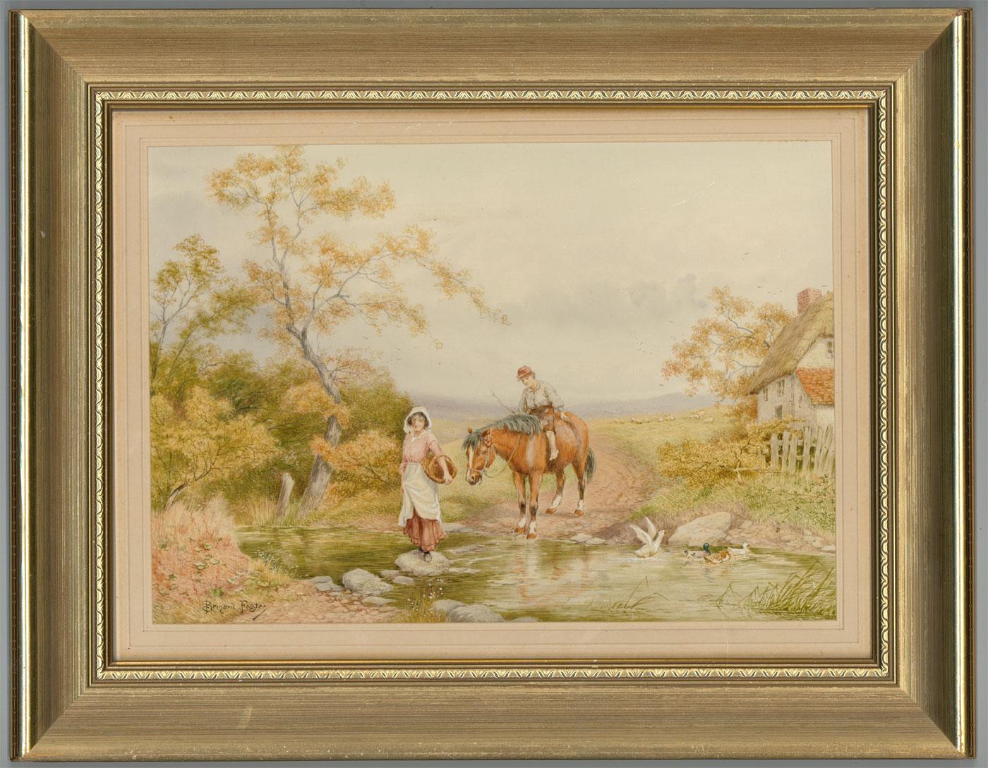 A superb watercolour showing figures with a horse crossing a stream, with sheep beyond. Titled to the reverse 'The Ride Home'. Well presented in a modern gold frame. Signed. On wove.