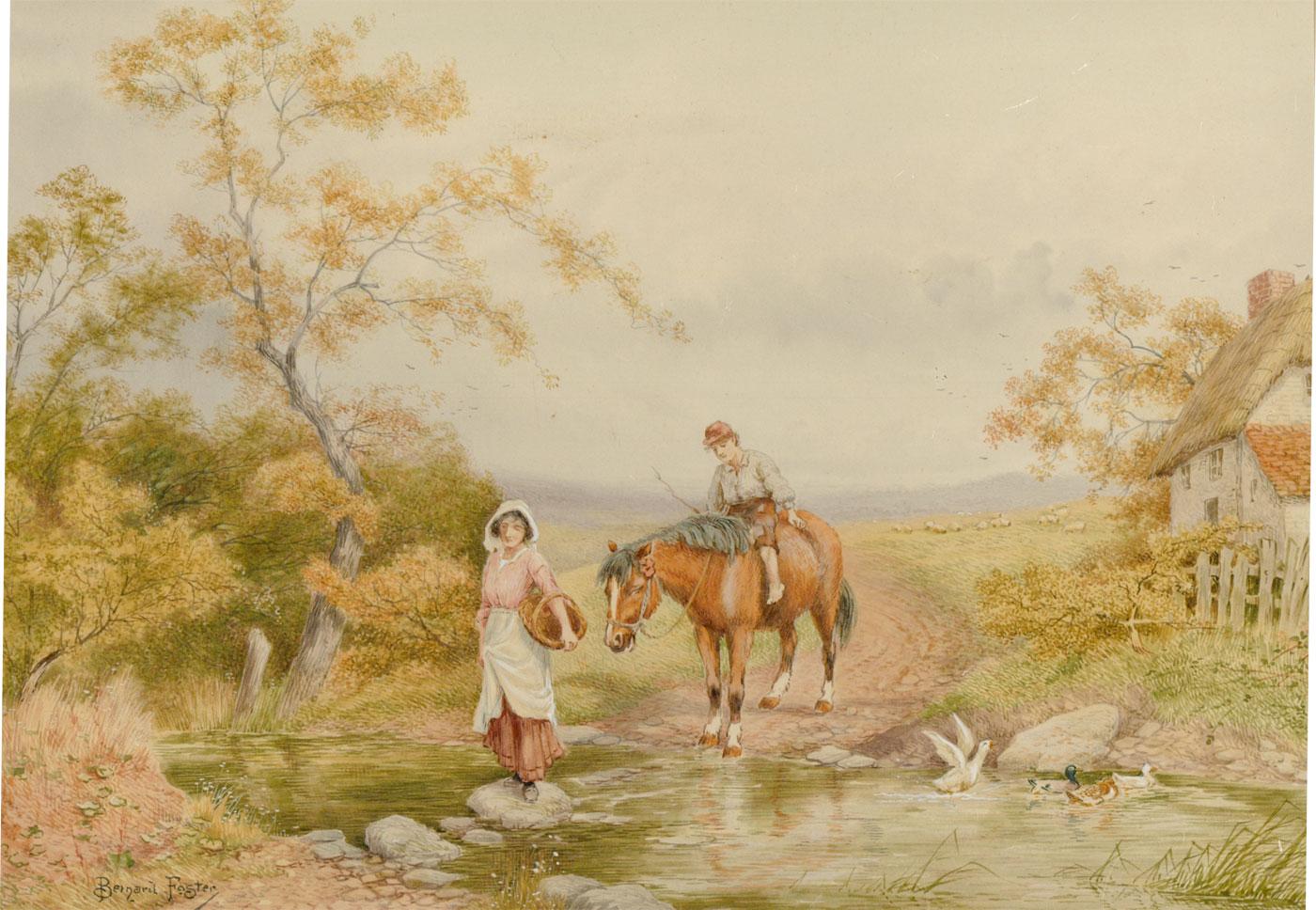 Bernard Foster - Signed 19th Century Watercolour, Travellers in a Landscape For Sale 1