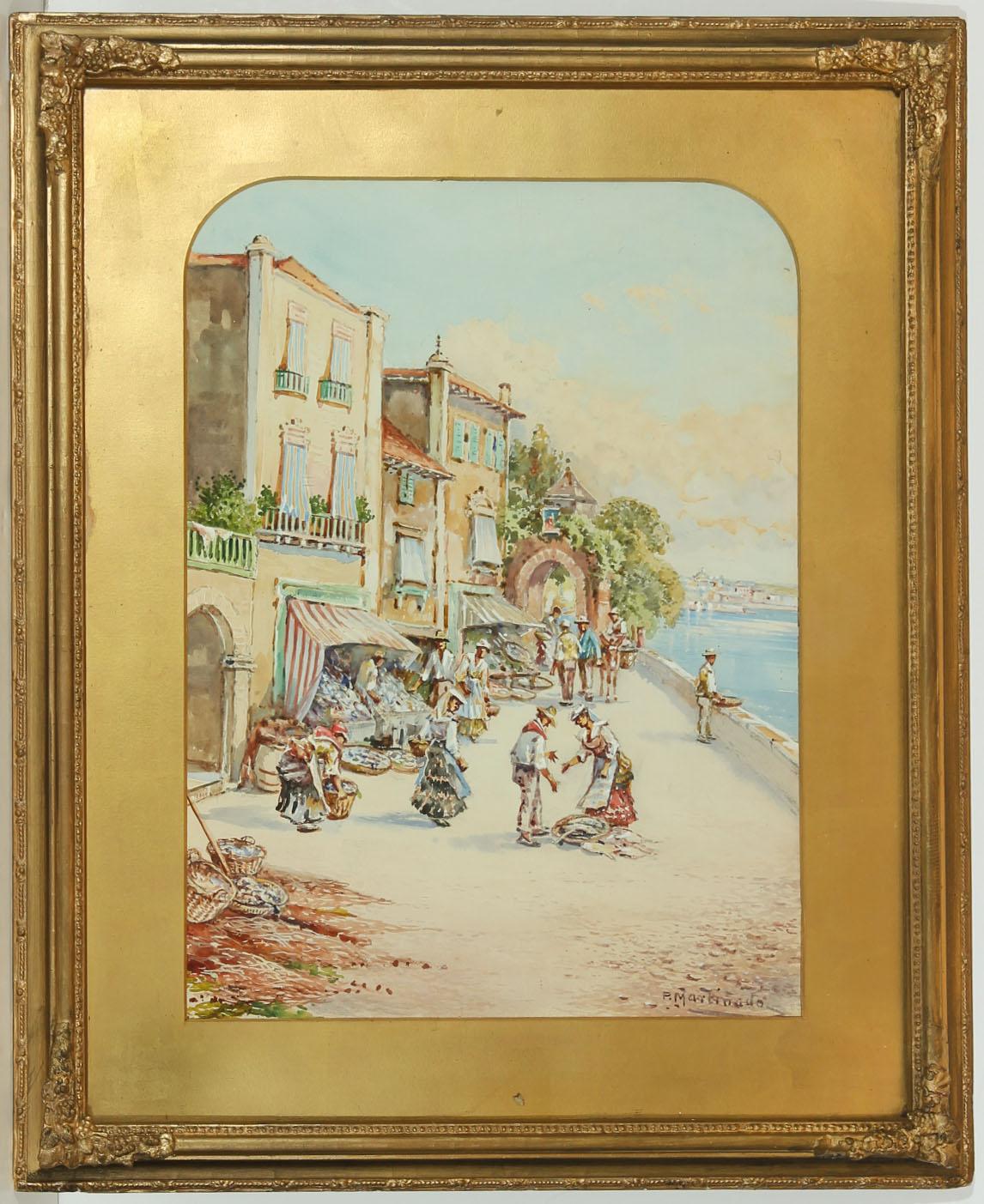 A beautifully painted Italian scene with a lakeside market. Excellently presented in a gilt mount with rounded upper corners, and a gilt frame with berry and leaf detail to the corners. On wove.