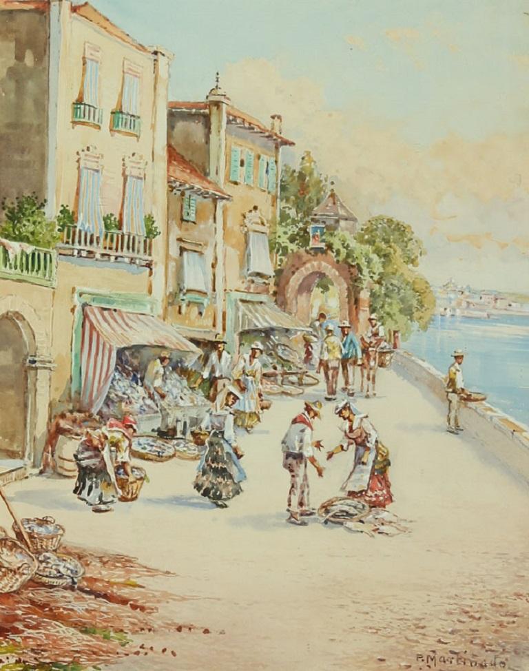 Pablo Martinado (1856-1937) - Signed Watercolour, Italian Market Scene For Sale 1