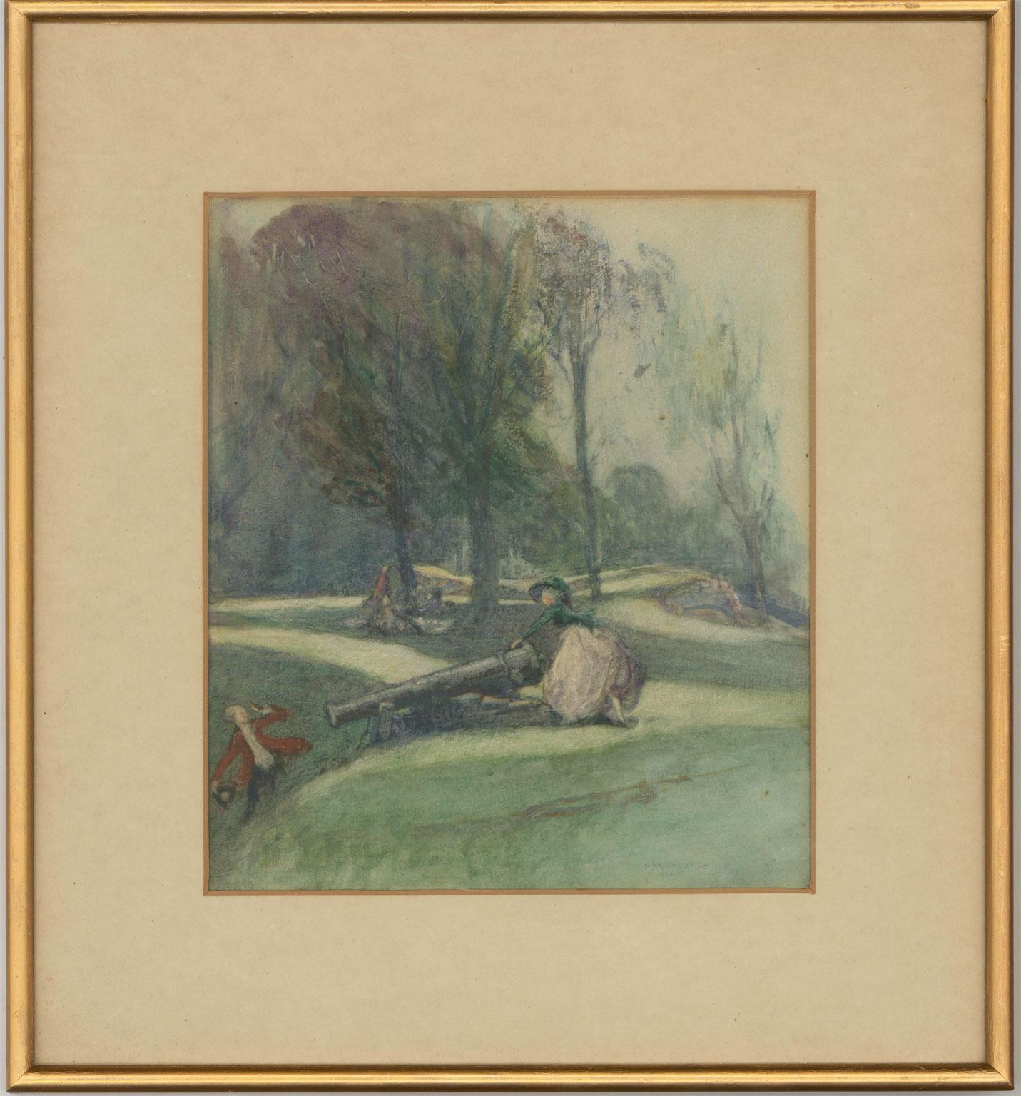 A fine watercolour painting with gouache details, small areas of sgraffito and gum arabic by the artist Claude Allin Shepperson (1867-1921) ARA ARWS RE LSC ROI. The scene depicts a landscape with trees, and two figures playing around a cannon.