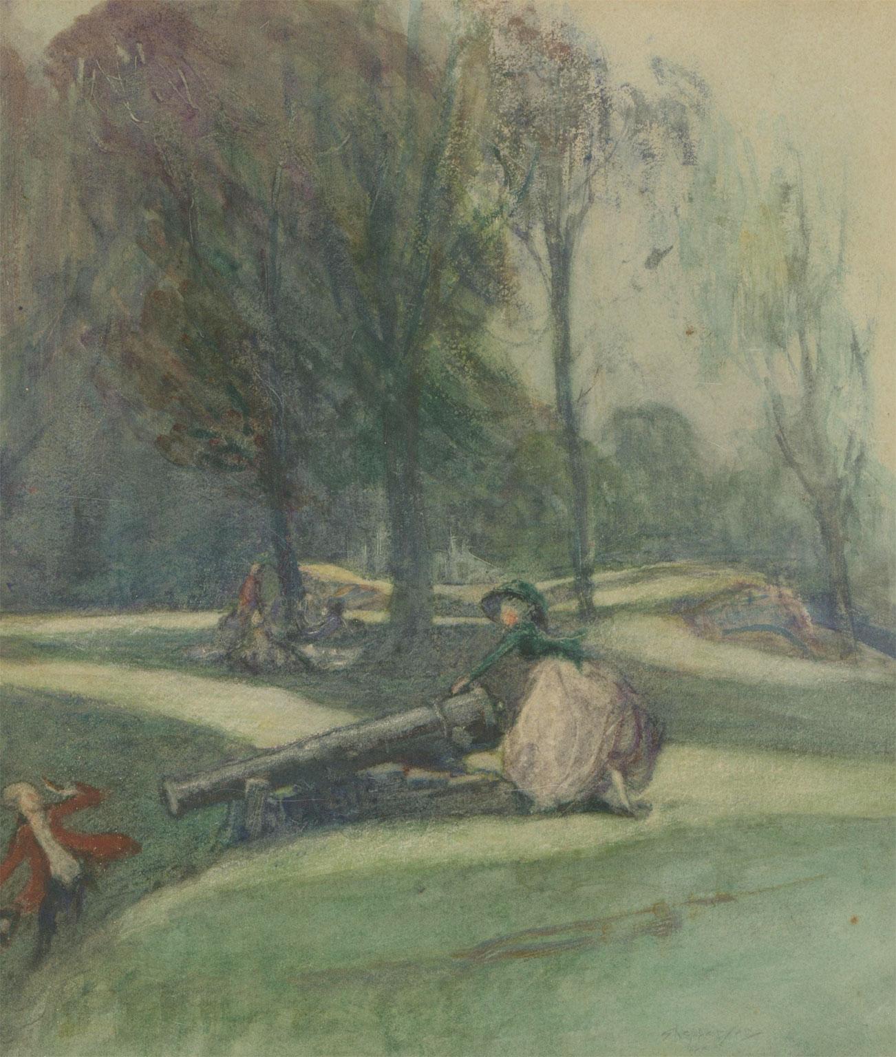 Claude Allin Shepperson ARA ROI (1867-1921) - Watercolour, A Couple and a Cannon For Sale 1