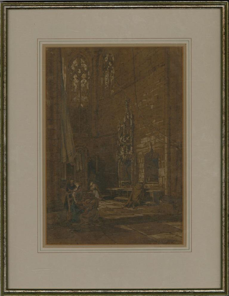 Unknown Figurative Art - Framed Late 19th Century Graphite Drawing - Church of St. Sauveur Dinan
