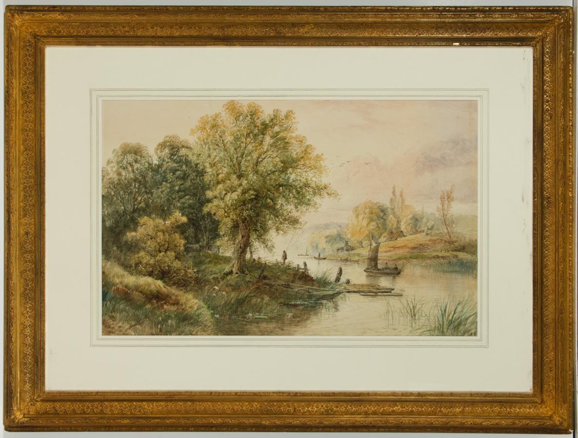 A fine 19th century English School watercolour painting depicting a fishermen in a winding river landscape. With body colour framed in an very large impressive gilt frame. Bears the signature 'Earp' that matches those on record of Edwin Earp