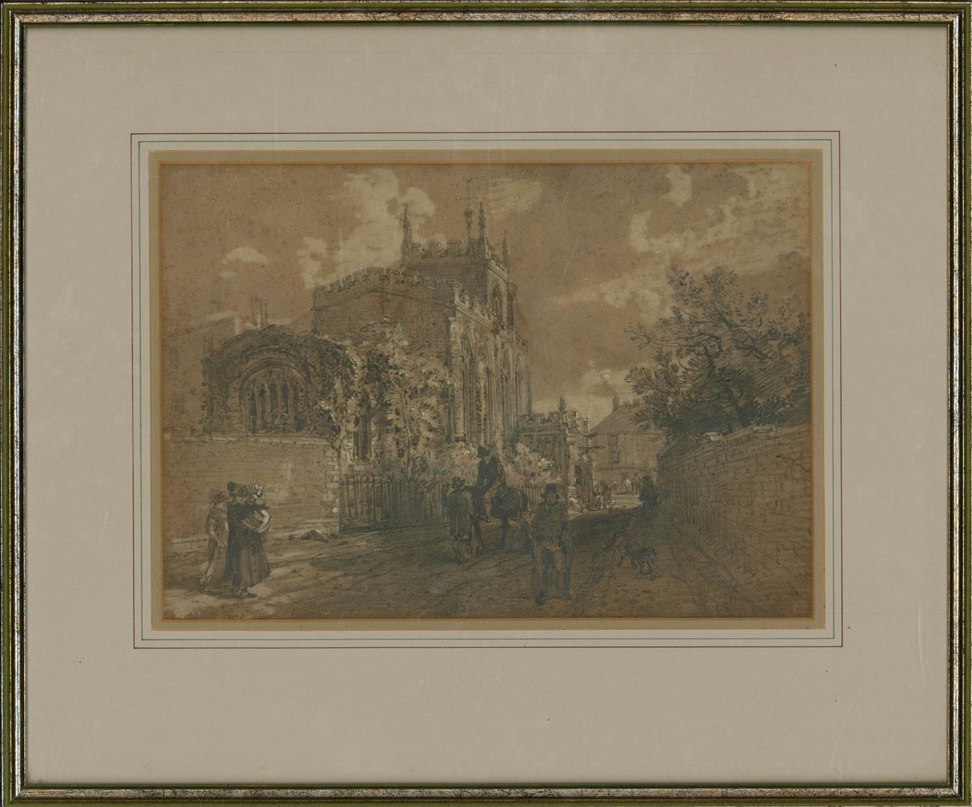 A well-detailed original mid 19th Century graphite drawing with touches of body color, depicting a town or village street scene beside a church. The architectural forms in the composition contrast and add scale to the figures, with a horse rider and